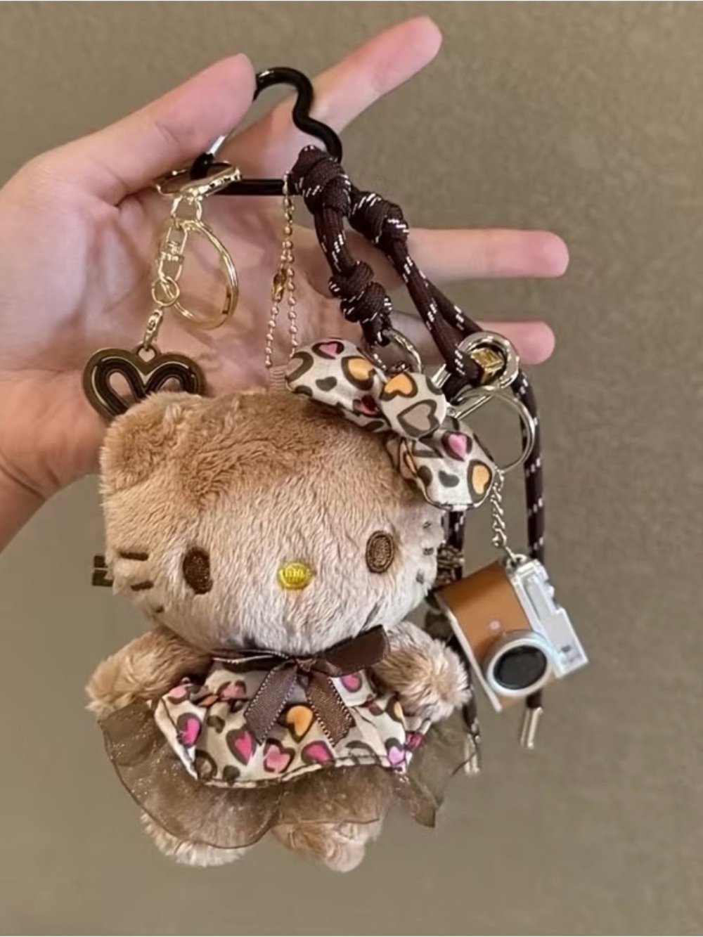 Hello Kitty Brown Plush Keychain with Heart-Print Bow